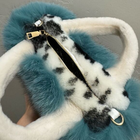 Colorblock Handmade Real Fox Fur & Shearling leather Top Handles Bag/Multi Use - Picture 15 of 16